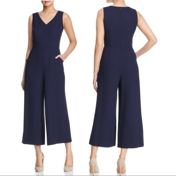 KARL LAGERFELD NAVY WIDE LEG CROPPED V-NECK  JUMPSUIT WITH POCKETS - 6 - Picture 1 of 11